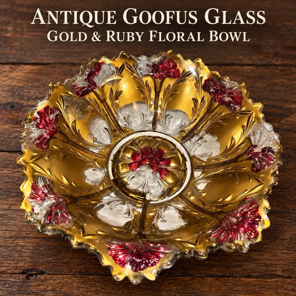 Antique Goofus Glass Bowl Gold Red Floral Painted Pressed Glass 10 Inch